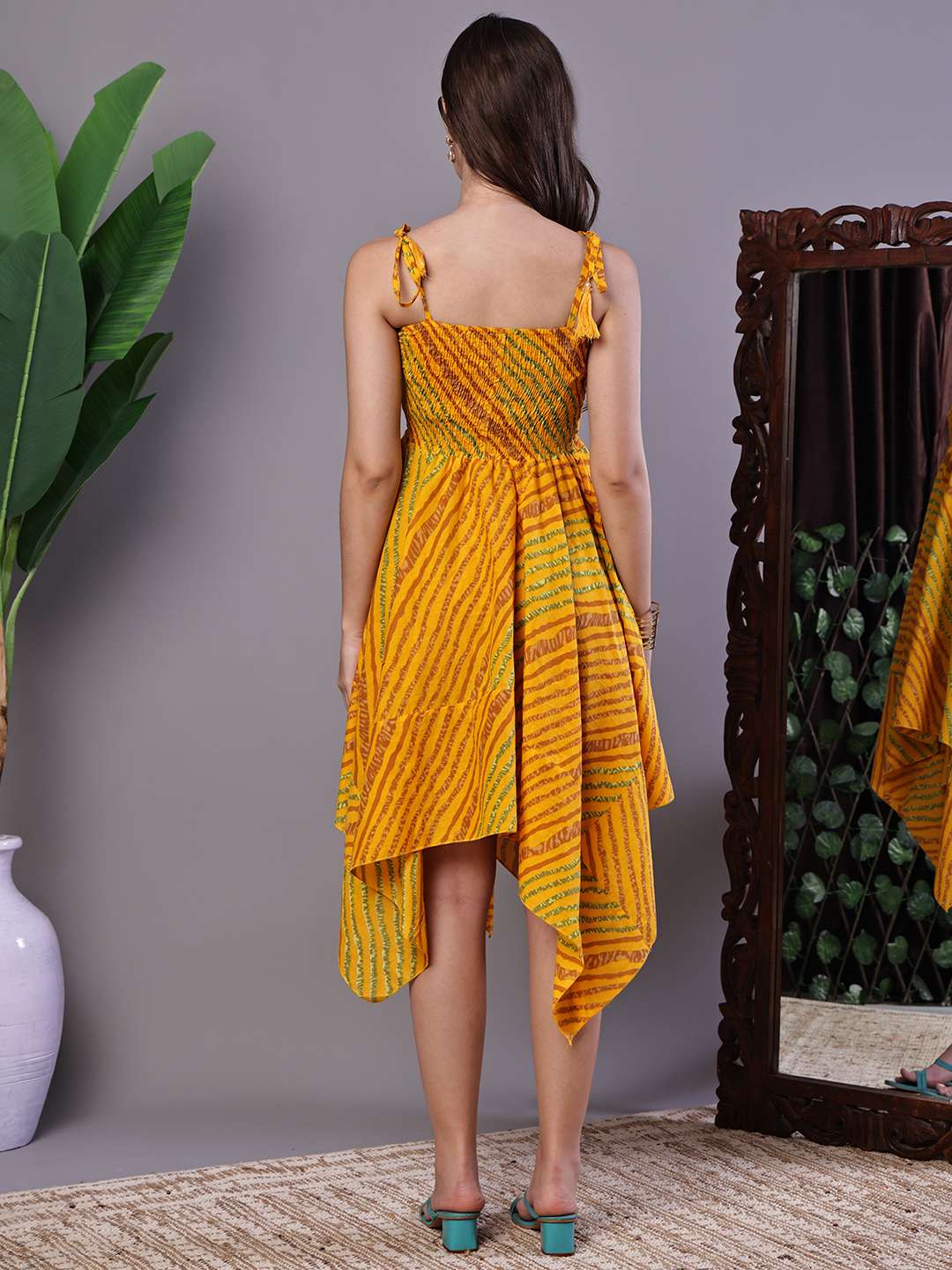 Women's Multicolor Abstract Printed Cotton Handkerchief Hem Dress Midi Dresses - Image 2
